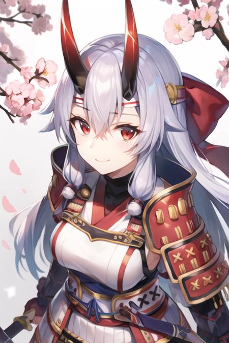 11153-2162012325-tomoe gozen (fate), cherry blossoms, hair ribbon, holding, holding weapon, horns, looking at viewer, red eyes, ribbon, smile, so.png